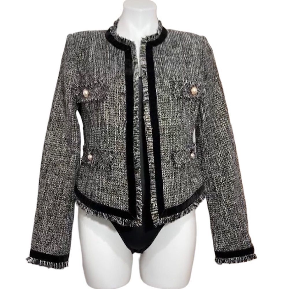 LUXY USA Black Tweed Collarless Fringe Trim Blazer New Size Medium